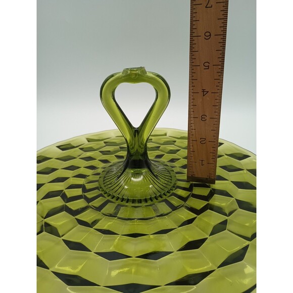 Vintage American Indiana Cubist Avocado Green glass serving platter Handled - Picture 6 of 6